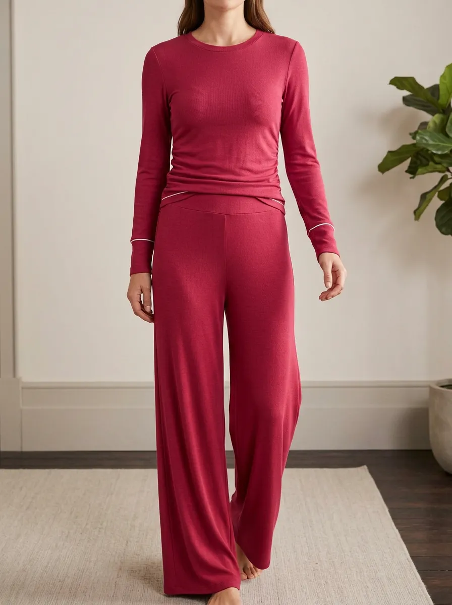 Women's Lounge Solid Ribbed Long Sleeve Wide Leg Pants Set