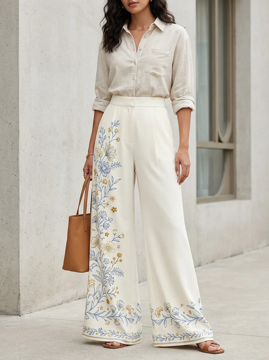 Women's Floral Botanical Blue Yellow Patterned High-Waist Wide-Leg Pants