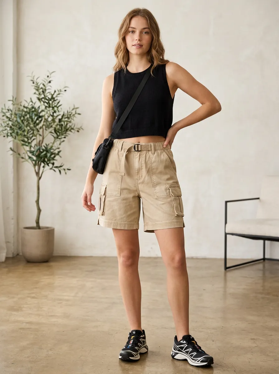 Women's Utility High-Rise Belted Straight-Leg Cargo Shorts
