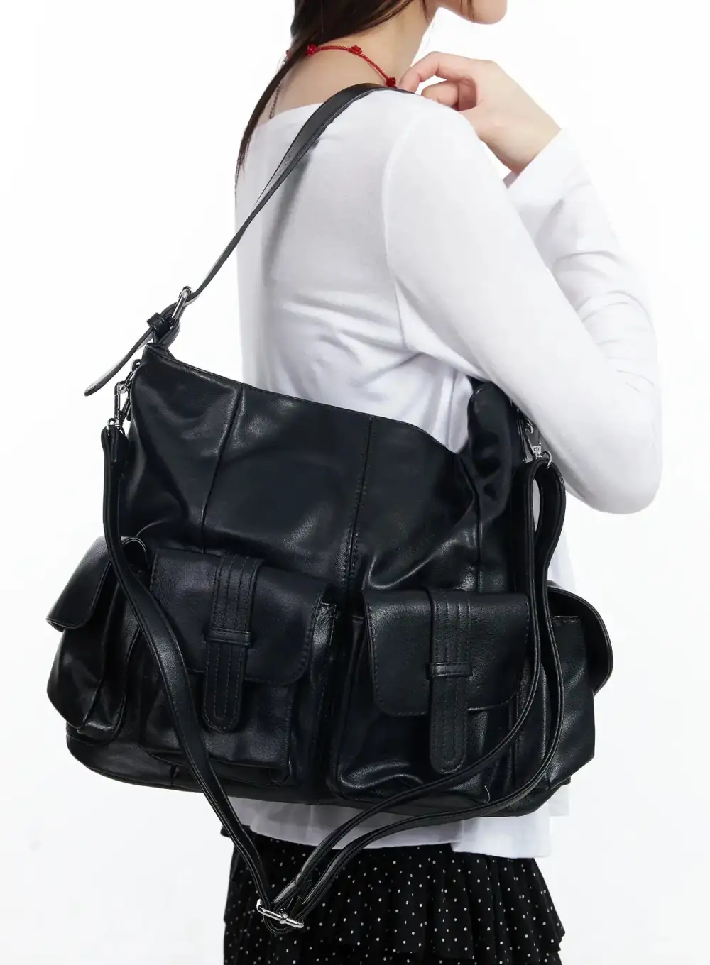 Faux Leather Two-Pocket Shoulder Bag