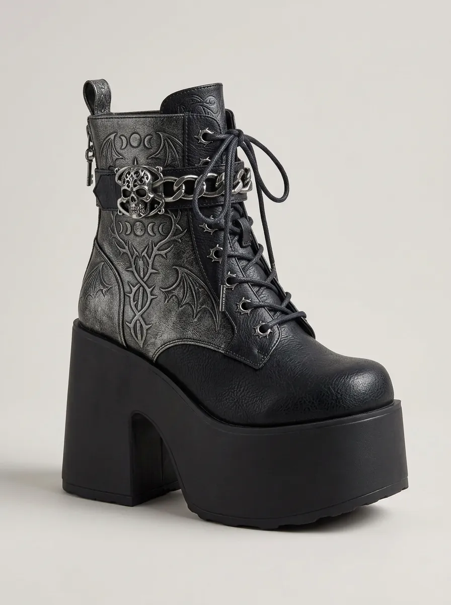 Nightfall Skull Bat Moon Statement Women's Gothic Platform Boots