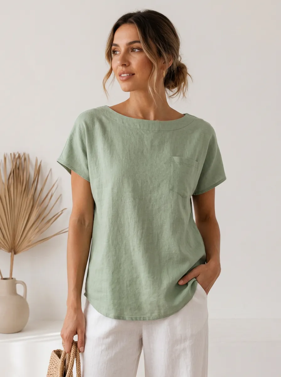 Women's Casual Sage Green Pocket Linen Blend T-shirt