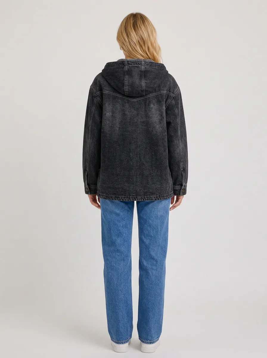 Women's Casual Vintage Black Washed Hooded Denim Jacket
