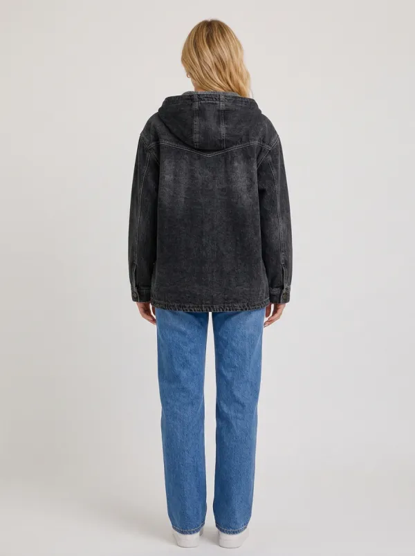 Women's Casual Vintage Black Washed Hooded Denim Jacket