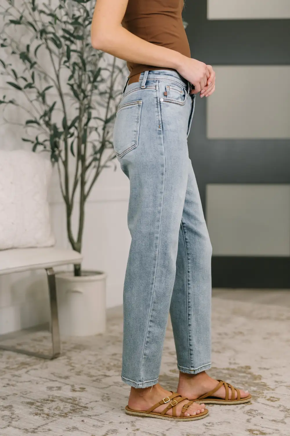 Denim High Rise Straight Leg Distressed Jeans