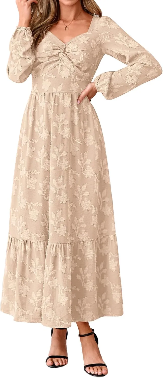 Simplee Womens Fall Long Sleeve Boho Floral Wedding Guest Maxi Dress