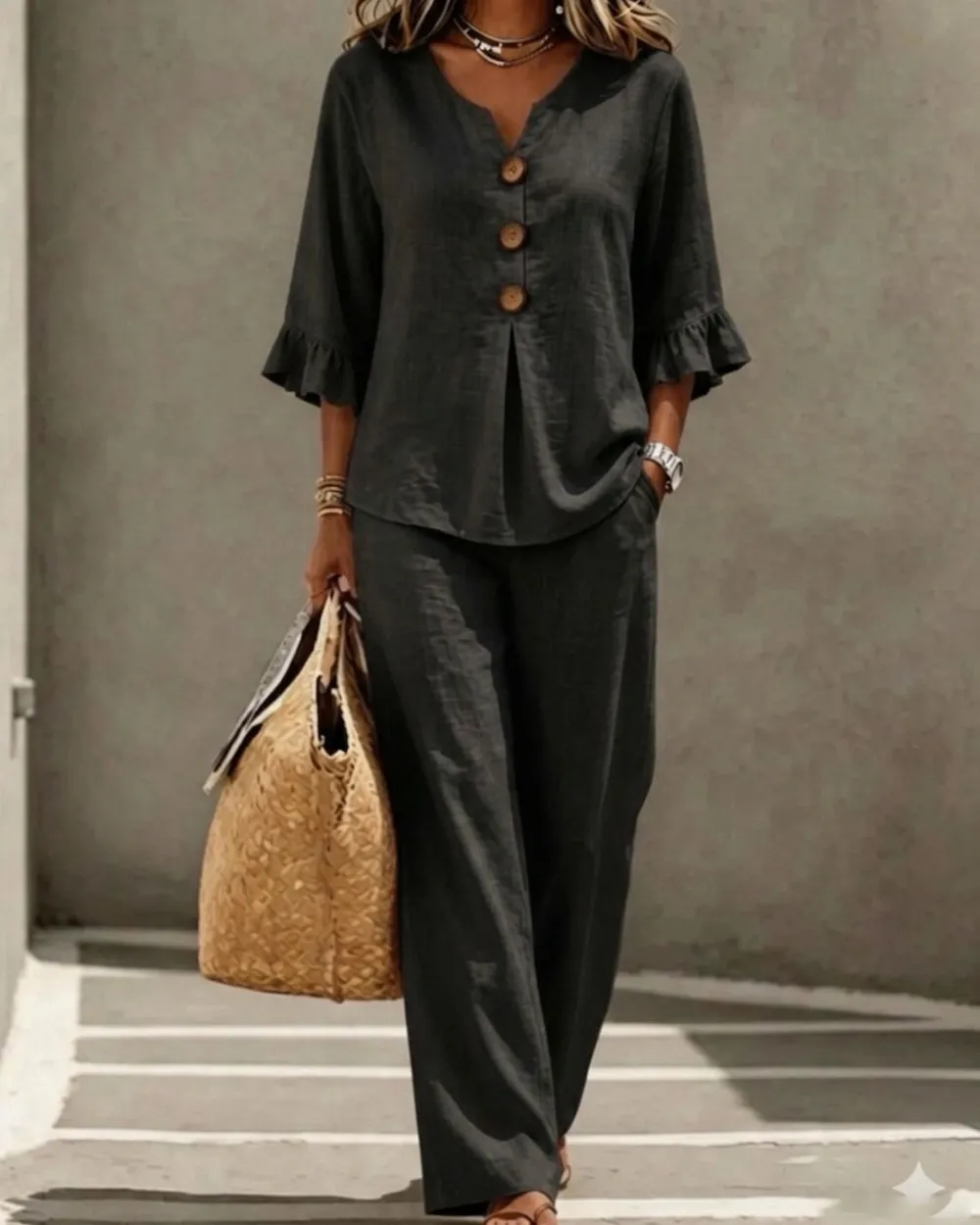 Vacation Two-Piece Set Ruffle Sleeve Top Button Relaxed Outfit