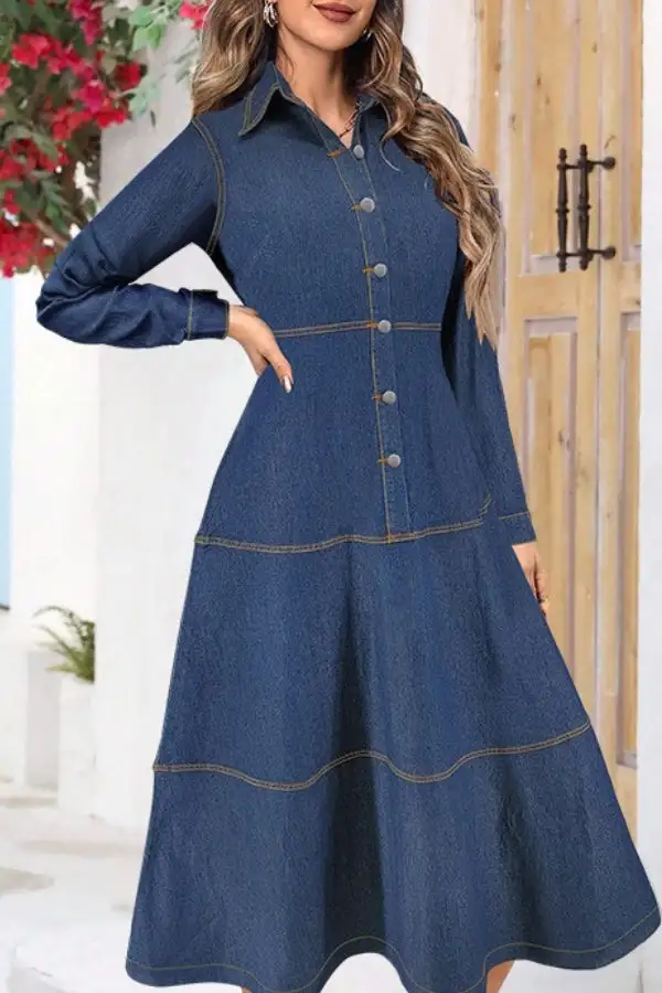 Blue Contrast-Stitch Denim Single-Breasted Midi Dress