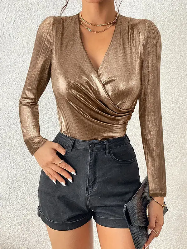 Long Sleeve Slim Fit Pleat Detail Shiny Panel Detail V-Neck T-Shirt