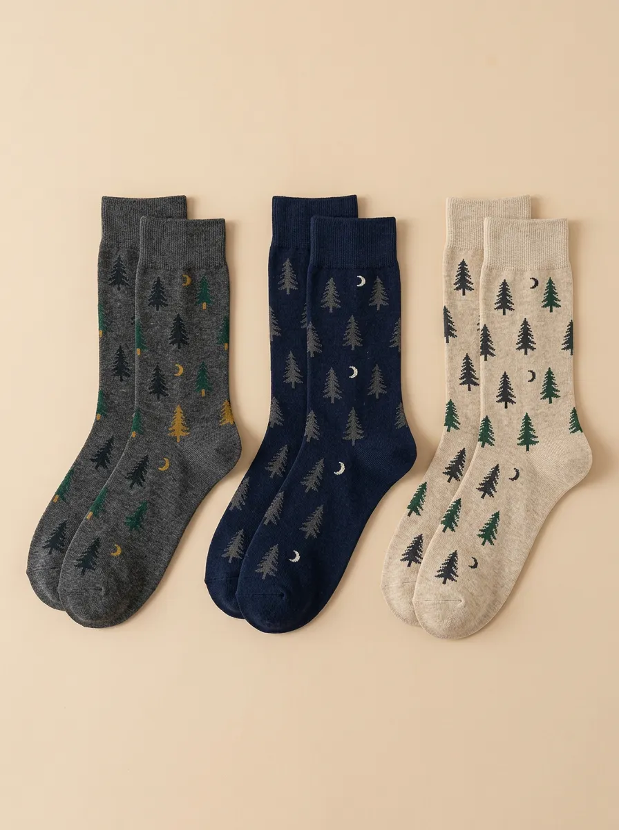 Men's Three-Pair Pine Tree & Moon Crew Sock Set