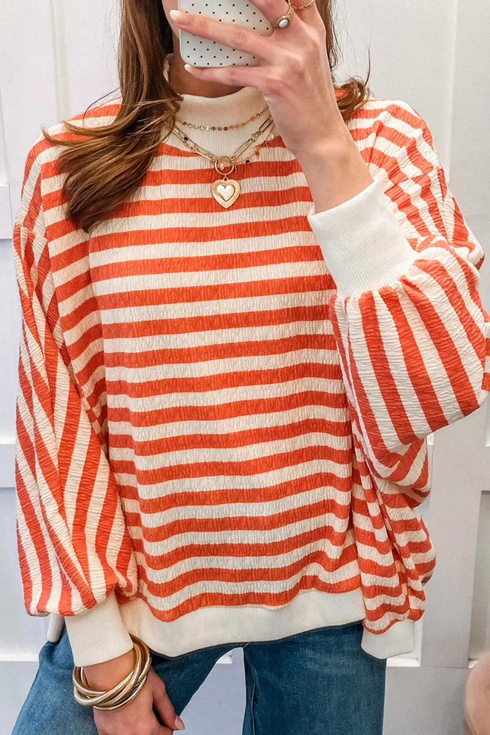 Striped Stand Neck Oversized Cotton Blend Long Sleeve Top