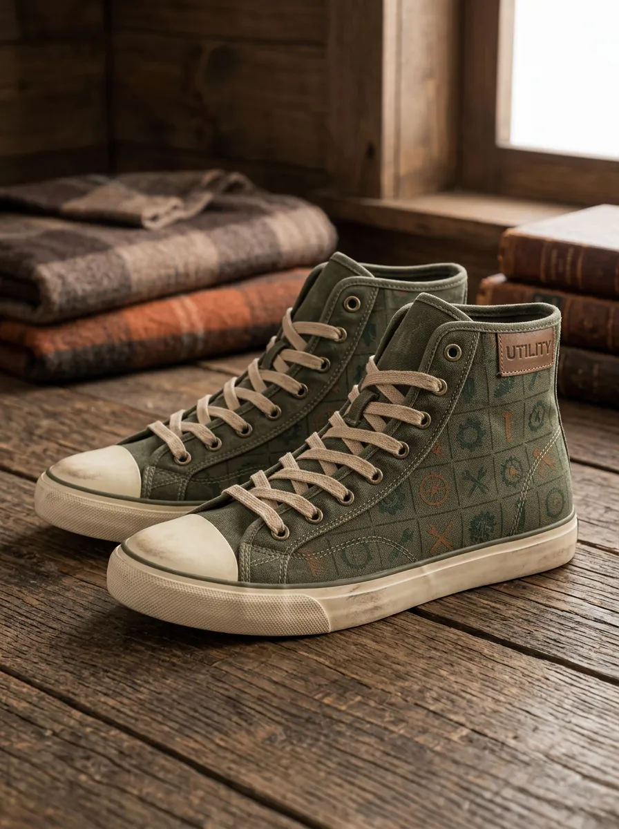 Men's Utility Tool Pattern Olive Green Printed Canvas Shoes