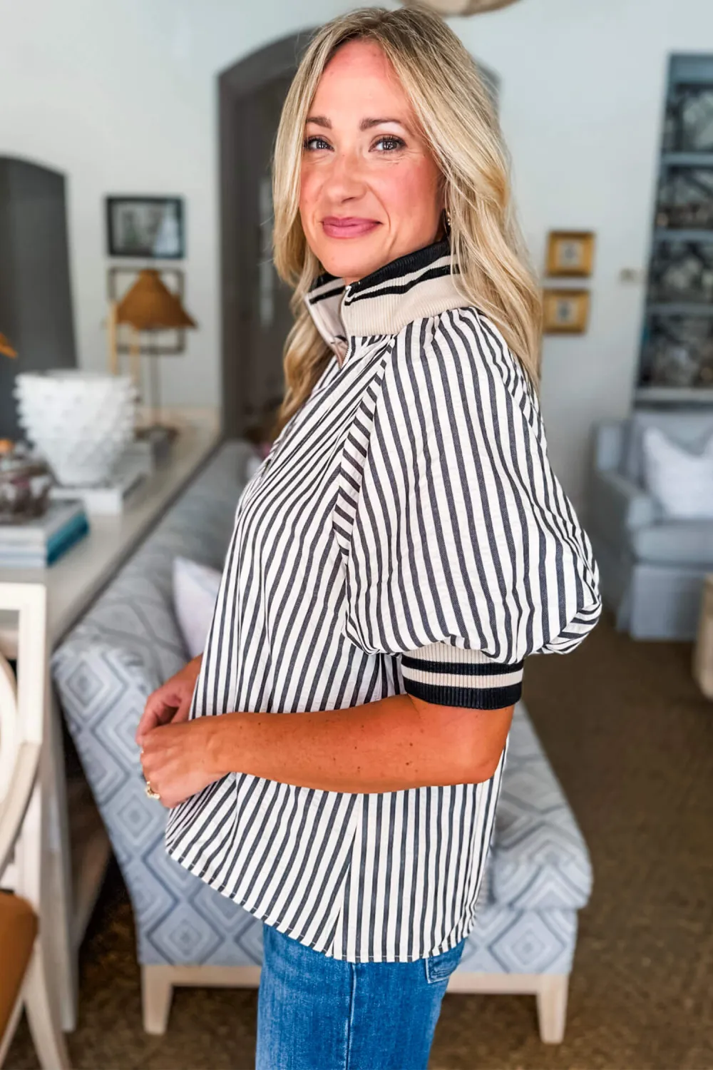 Black Stripe Polo Collar Half Sleeve Blouse