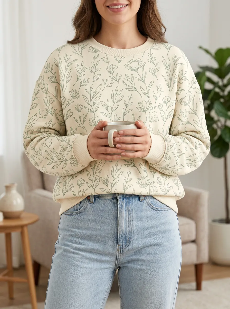 Women's Botanical Floral Line Art Printed Fleece Sweatshirt