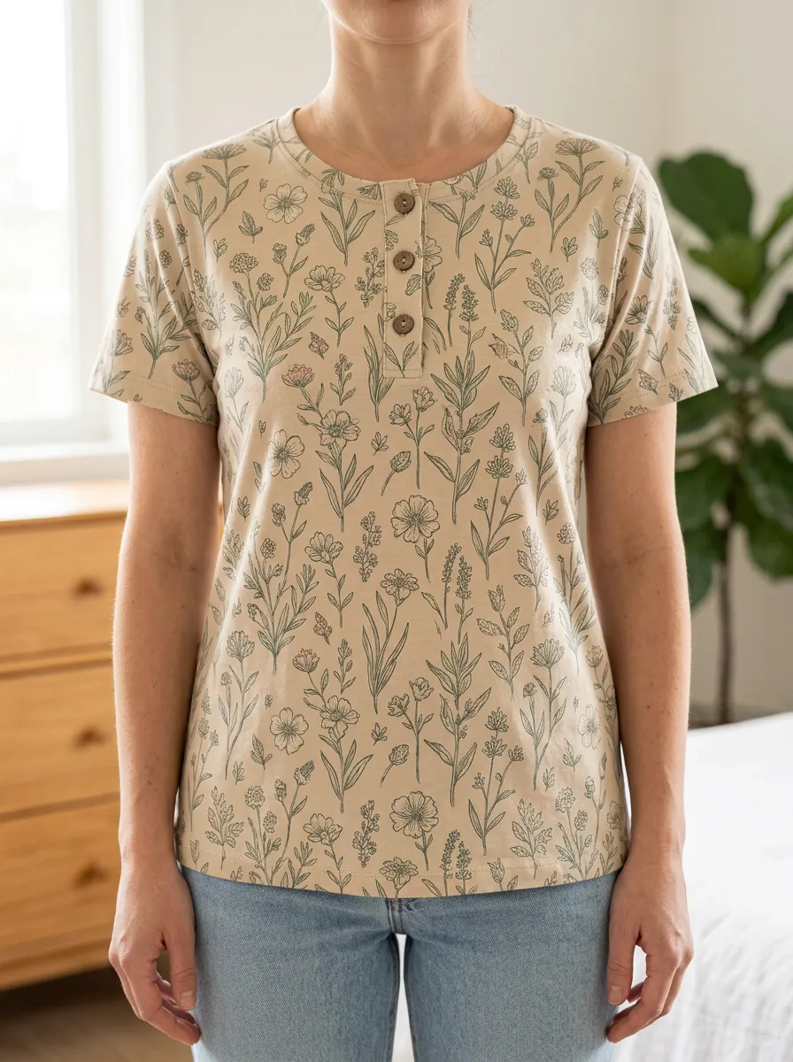 Women's Botanical Floral Pattern Printed Henley T-shirt