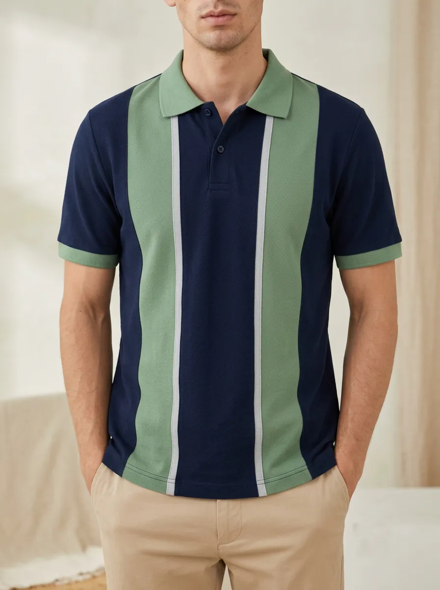 Men's Vintage Style Green Navy Vertical Striped Polo Shirt