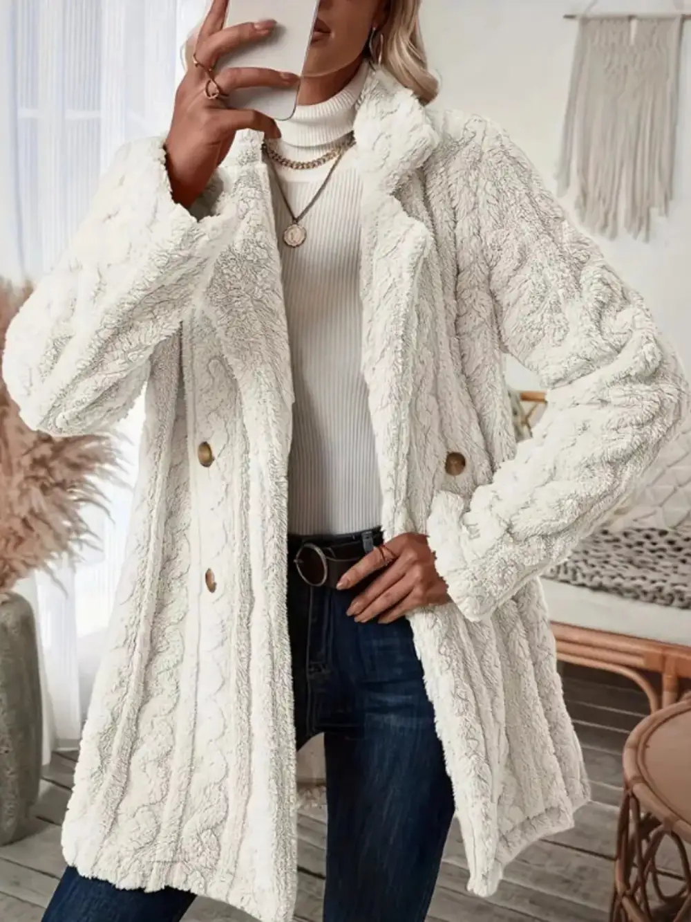Cozy Faux Shearling Double-breasted Outerwear