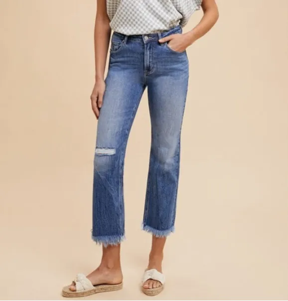 Distressed Raw-Hem Straight Leg Cropped Jeans