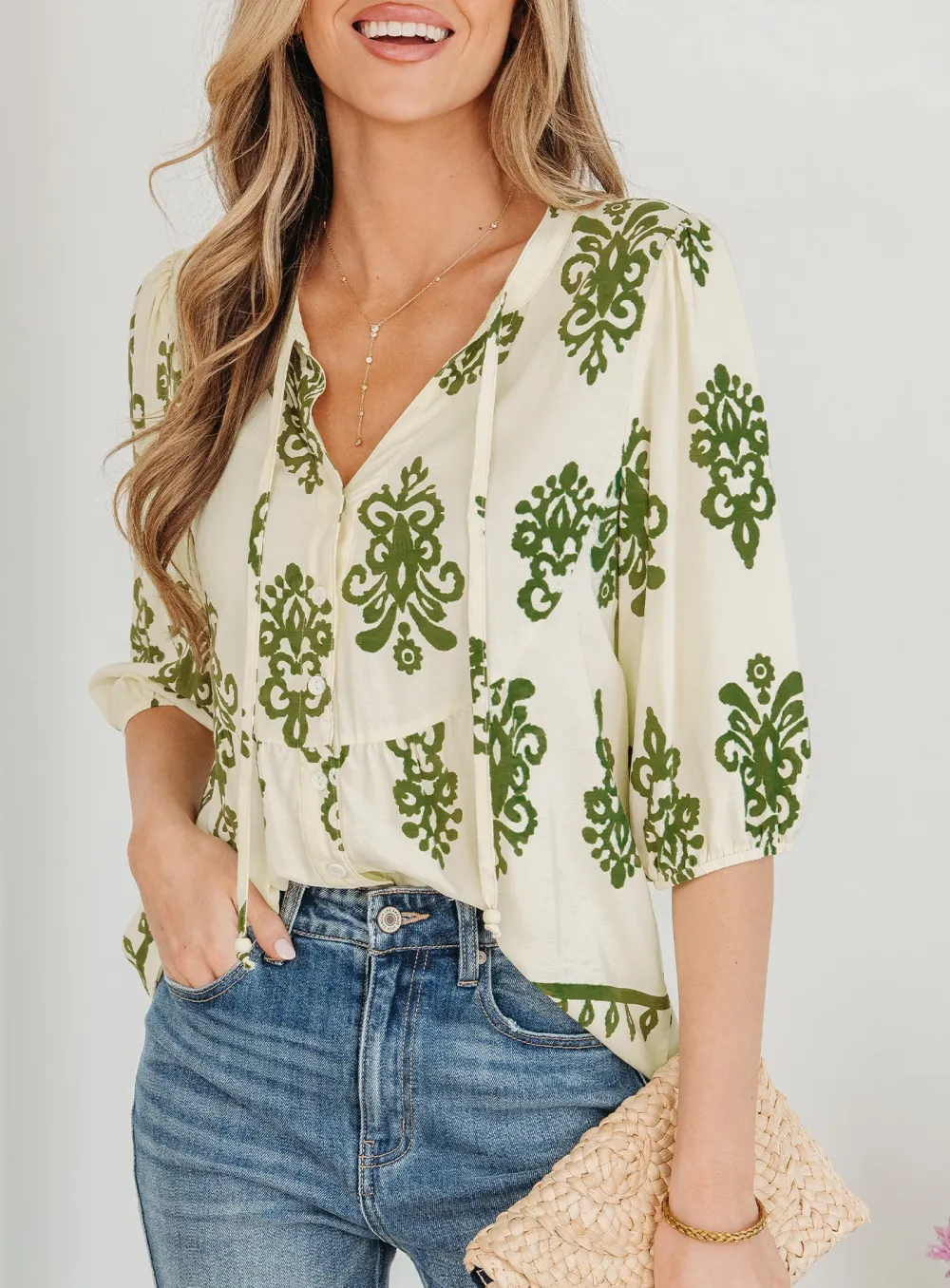 Women's Floral Print V Neck Button Front Top
