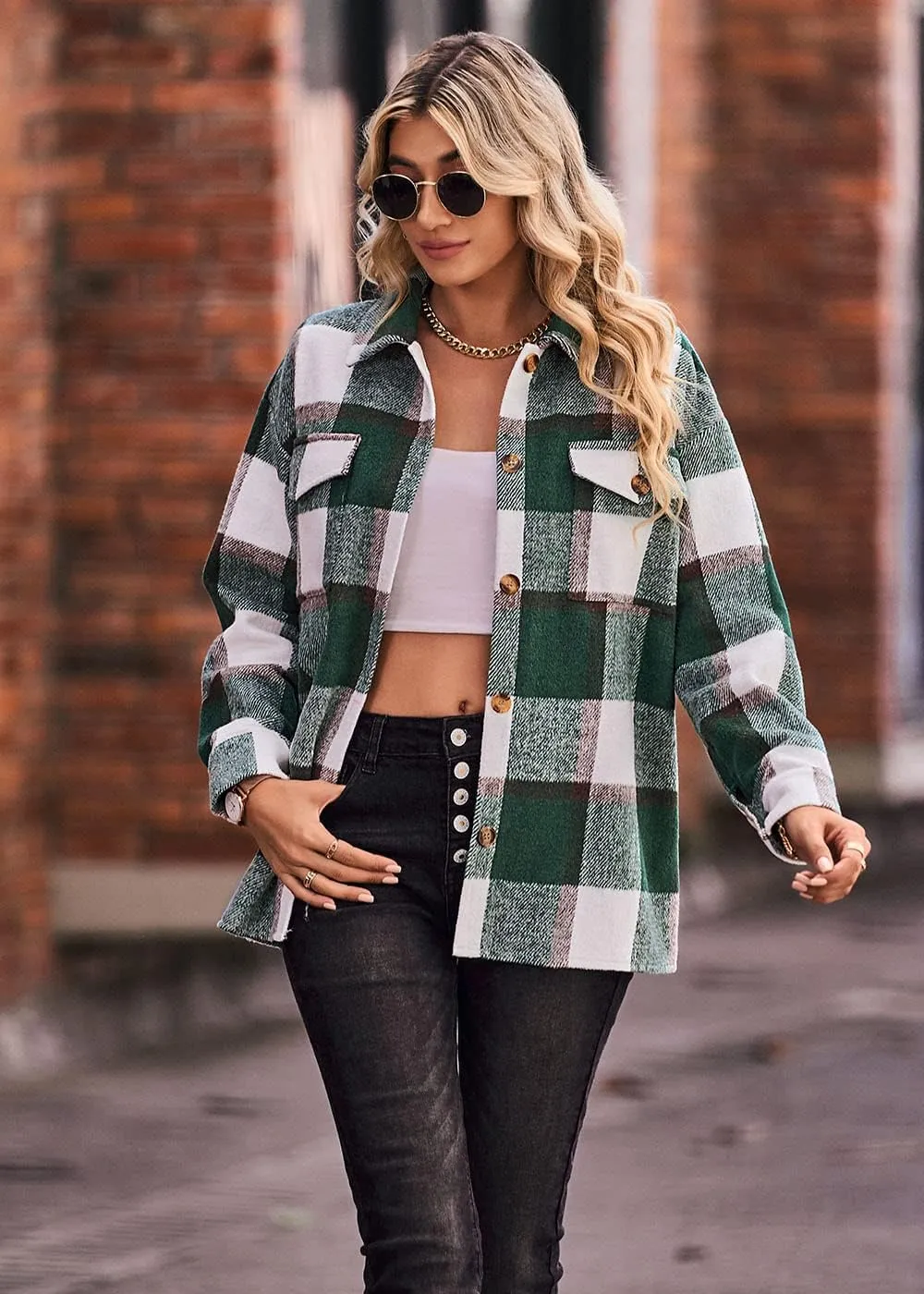 Women's 2023 Fall Clothes Plaid Shacket Jacket Long Sleeve Button Down Flannel Shirts Fashion Blouse