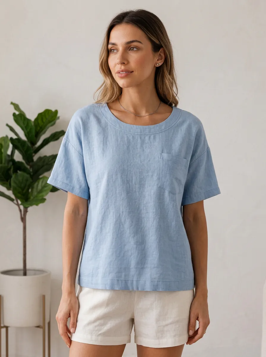 Women's Casual Summer Blue Linen Blend Pocket T-shirt
