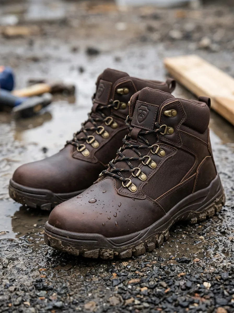 Men's Waterproof Brown Leather Shield Logo Printed Work Boots