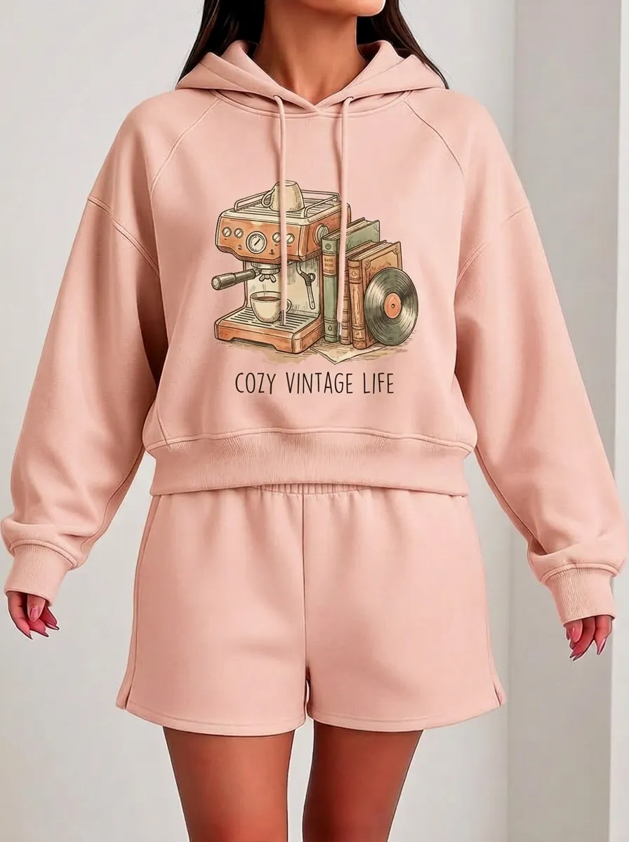 Women's Coffee Vintage Books Vinyl Graphic Hoodie