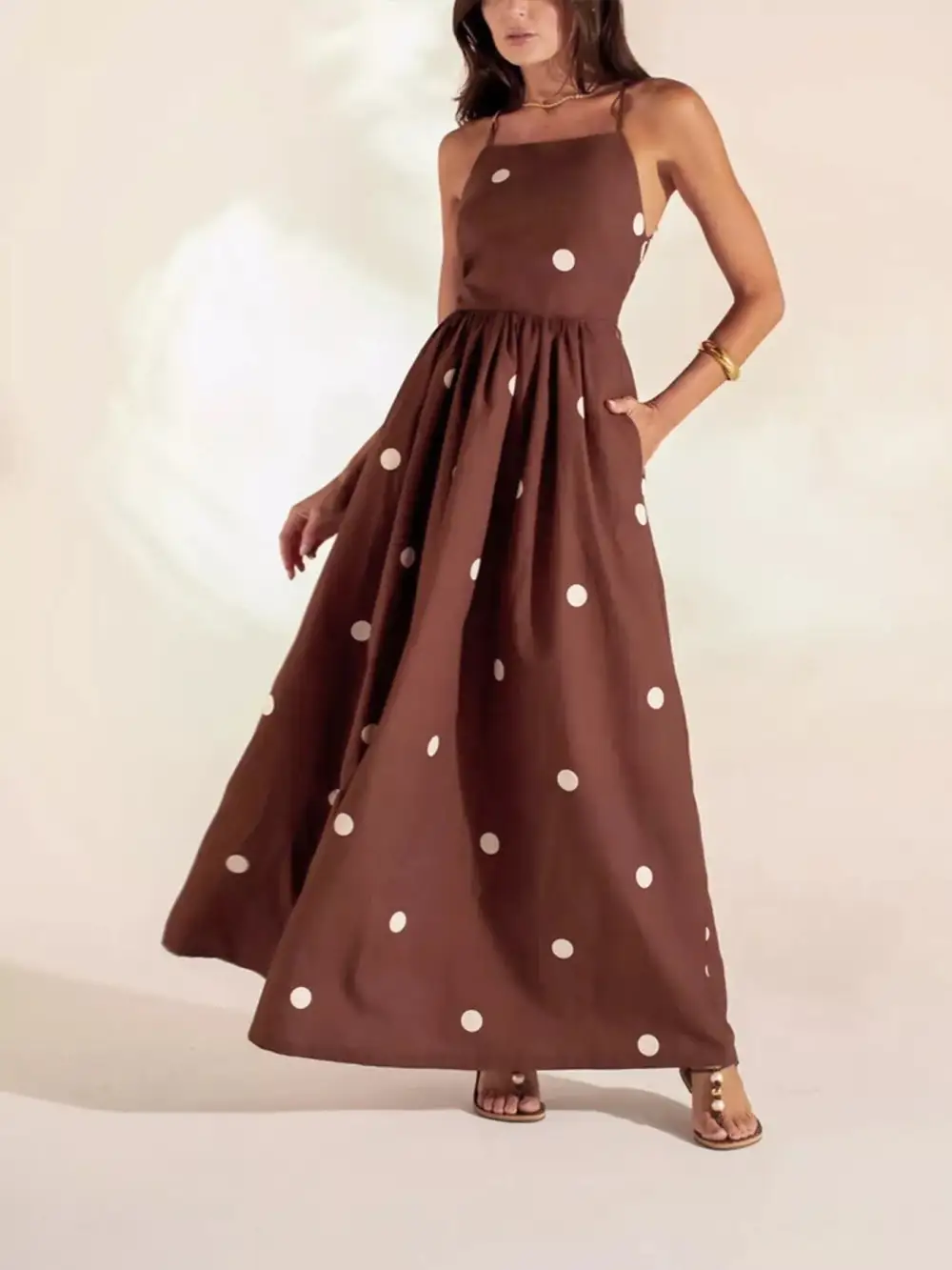 Polka Dot Maxi Dress With Spaghetti Straps