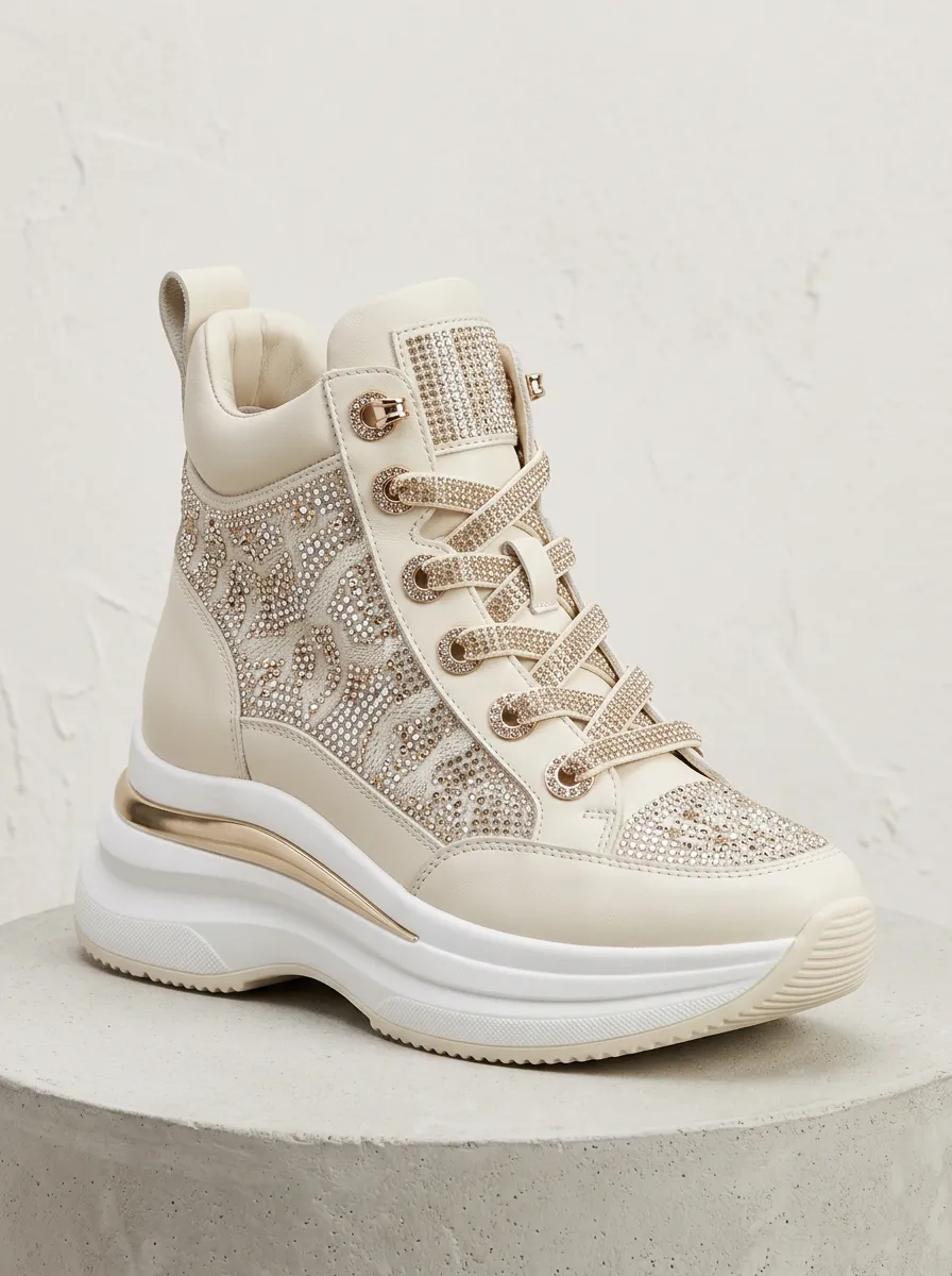 Lace-Detail Lace-Up High-Top Leopard-Pattern Women's Rhinestone Platform Shoes