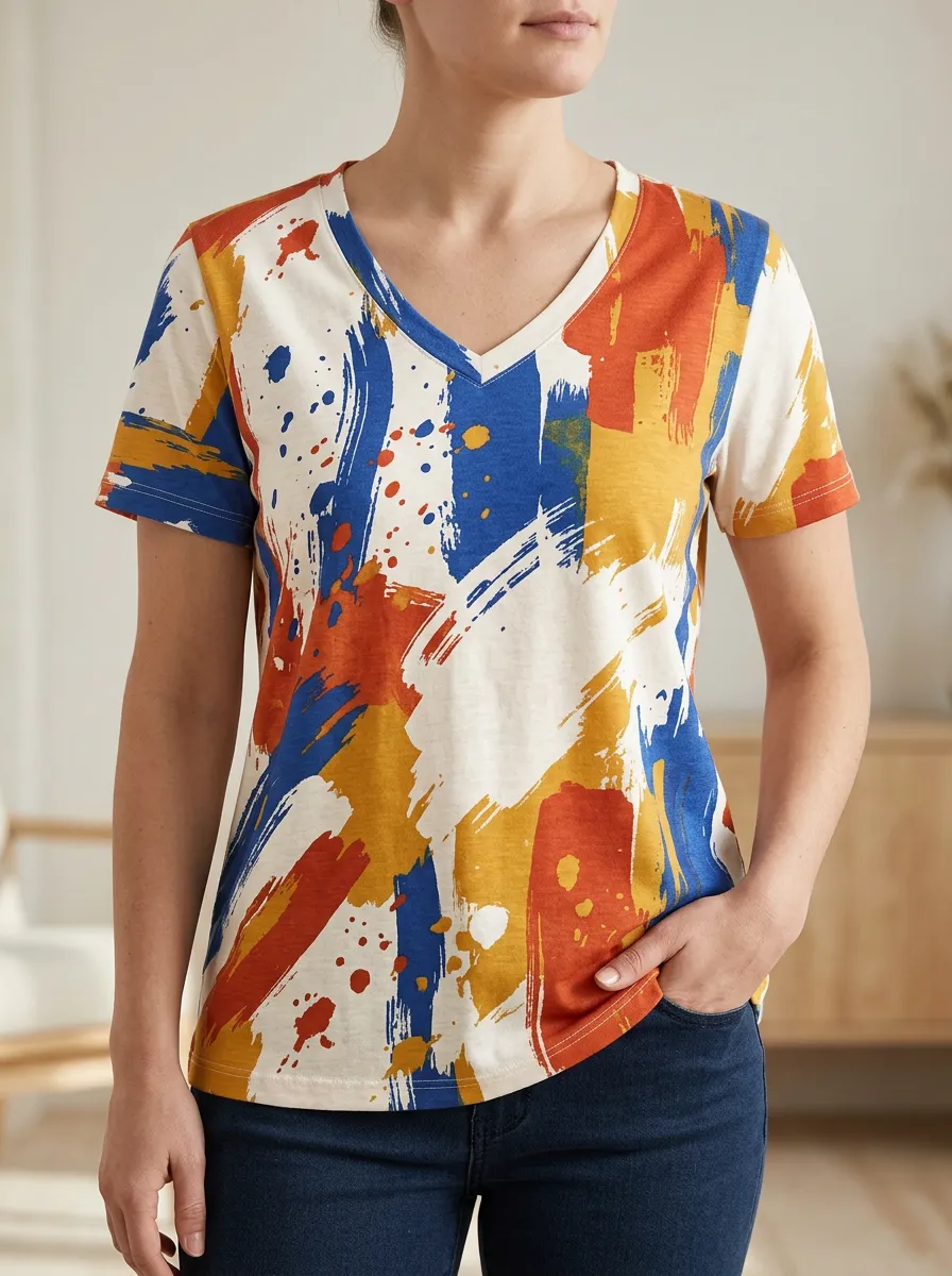 Women's Layered Abstract Paint Splatter V-Neck T-Shirt