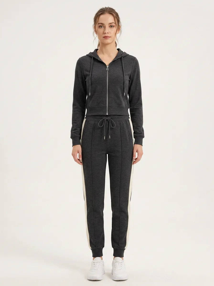 Women's Casual Sporty Side-Stripe Zip-Up Hoodie Jogger Set