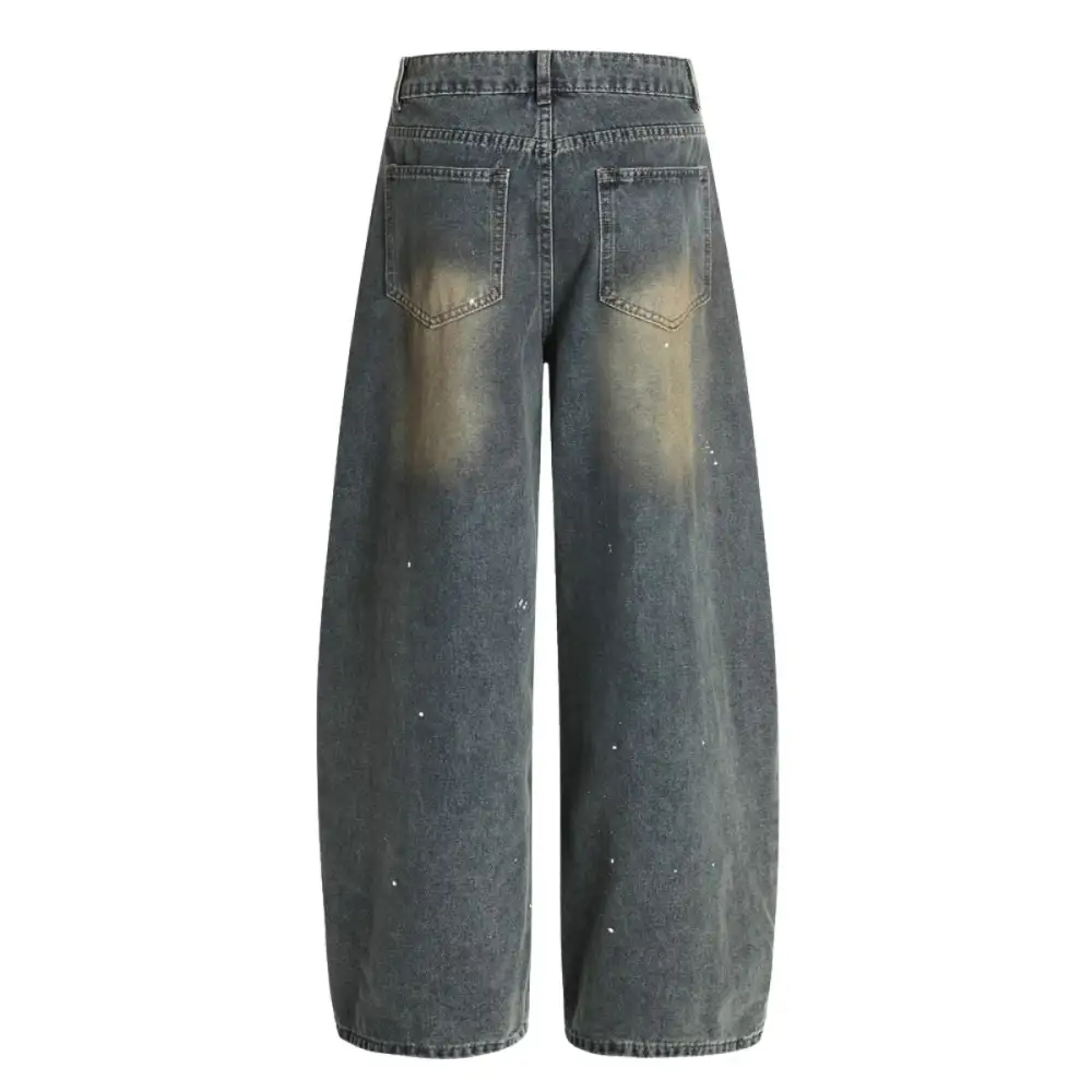 Men's Wide Leg Distressed Splatter Print Denim Jeans