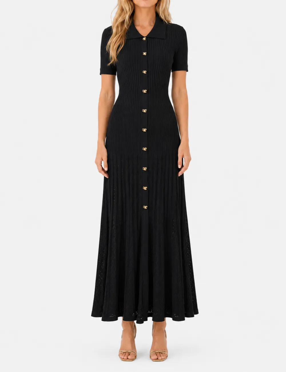 Chic Ribbed Polo Collar Short Sleeves Maxi Dress