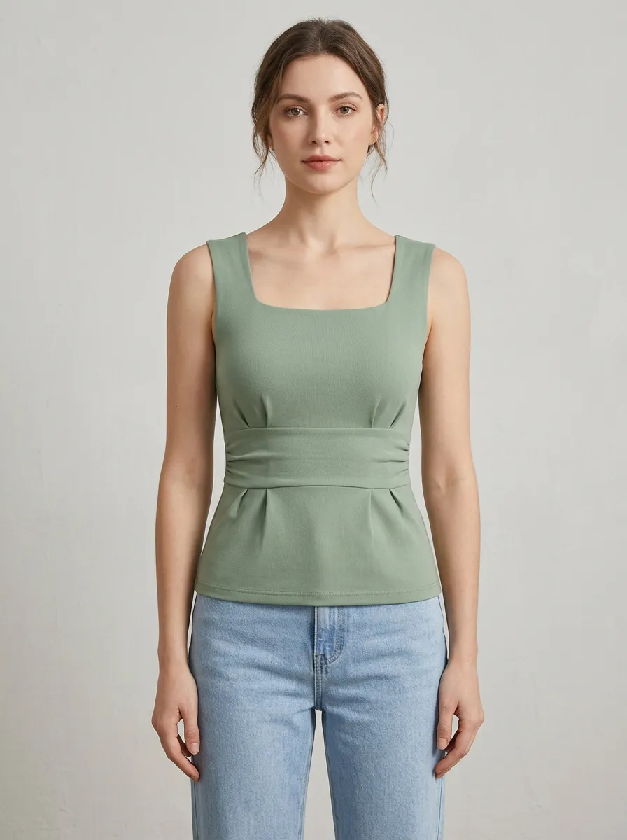 Square-Neck Pleated Tank Top
