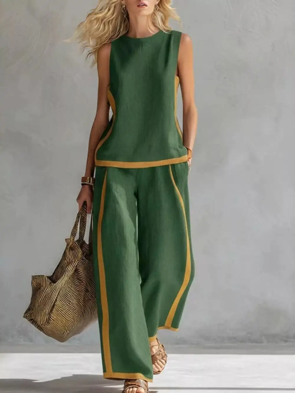 Full Size Contrast Stripe Sleeveless Top & Wide Leg