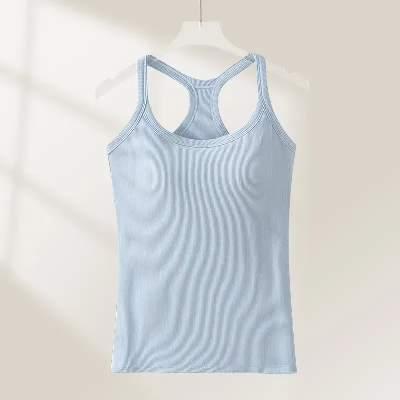 Women's Ribbed Built-in Bra Tank Top | Racerback Cropped Camisole with Removable Pads | Wireless Supportive Workout Yoga Top