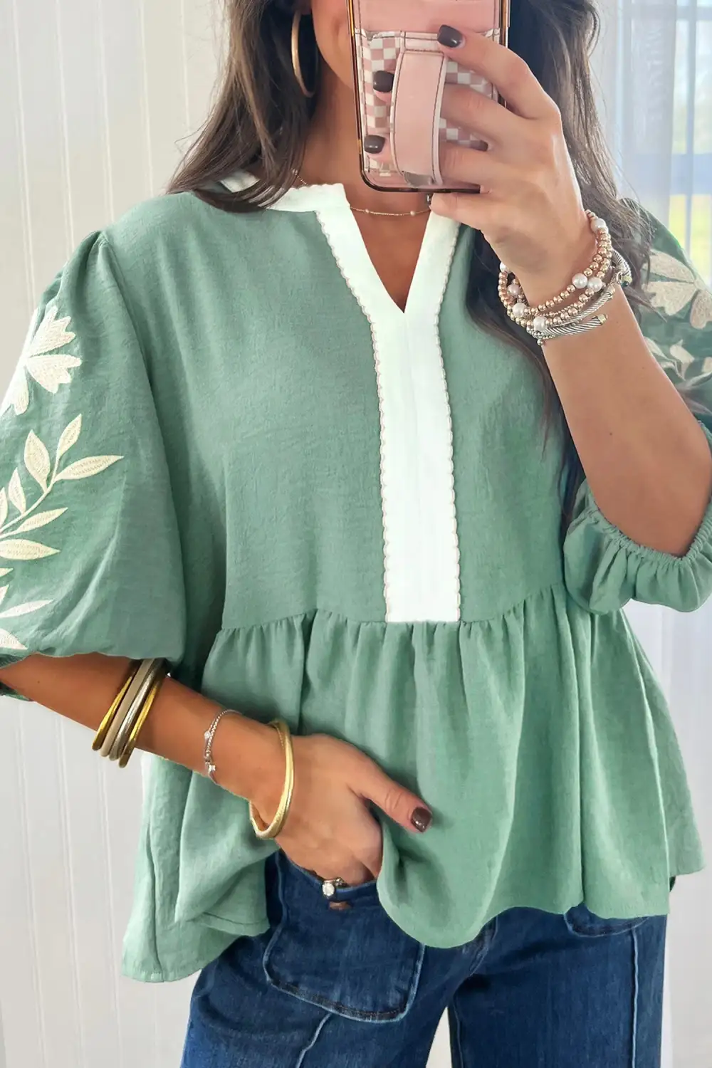 Women's Embroidered Colorblock Patchwork Top
