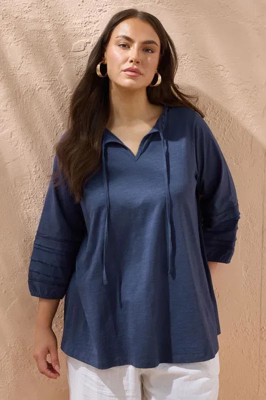 Navy Blue Tie Neck Cotton Top