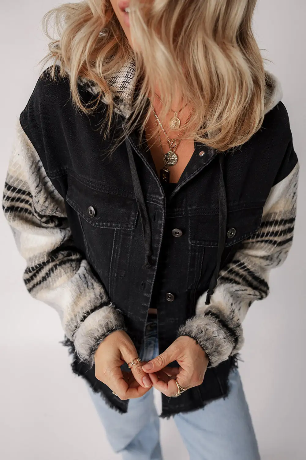 Women's Plaid Sleeve Frayed Hem Hooded Denim Jacket