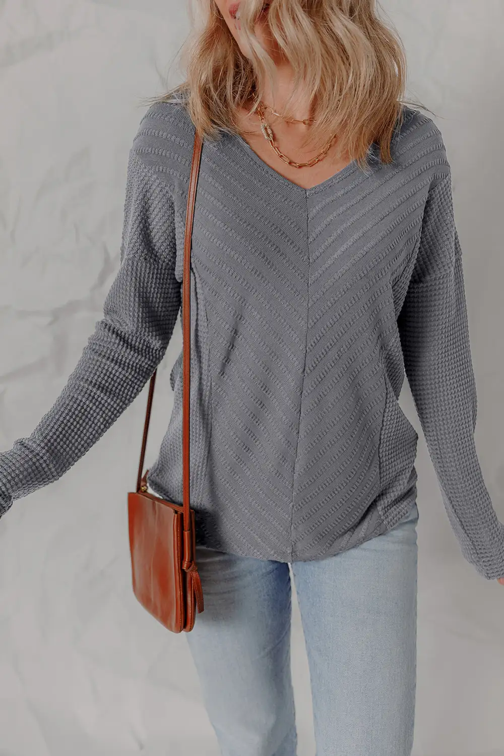 Women's Knit Textured V Neck Top