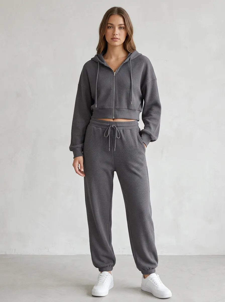 Zip-Up Waffle-Knit Jogger Lounge Women's Cropped Zip-Up Hoodie Jogger Active Set