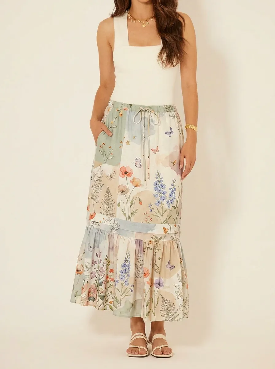 Women's Boho Floral Butterfly Patchwork Printed Midi Skirt