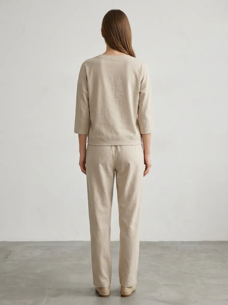 Women's Beige Botanical Chest-Embroidered Top & Pants Set