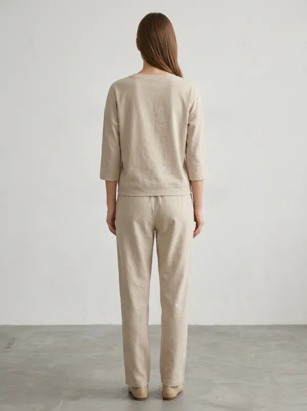 Women's Beige Botanical Chest-Embroidered Top & Pants Set