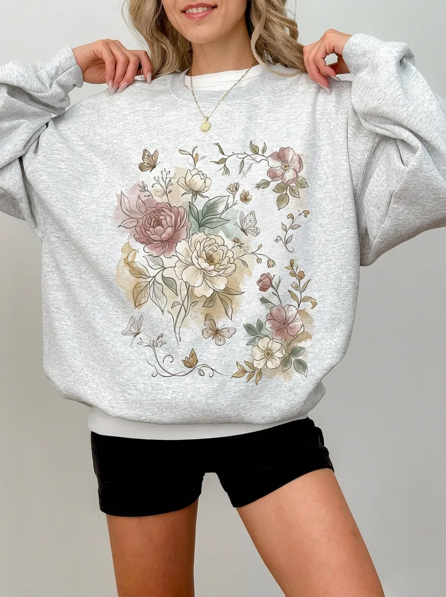 Women's Floral Butterfly Nature Lover Watercolor Printed Sweatshirt
