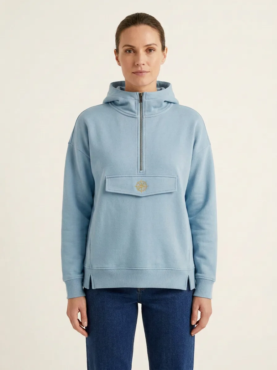 Women's Compass-Embroidered Half-Zip Flap-Pocket Hoodie