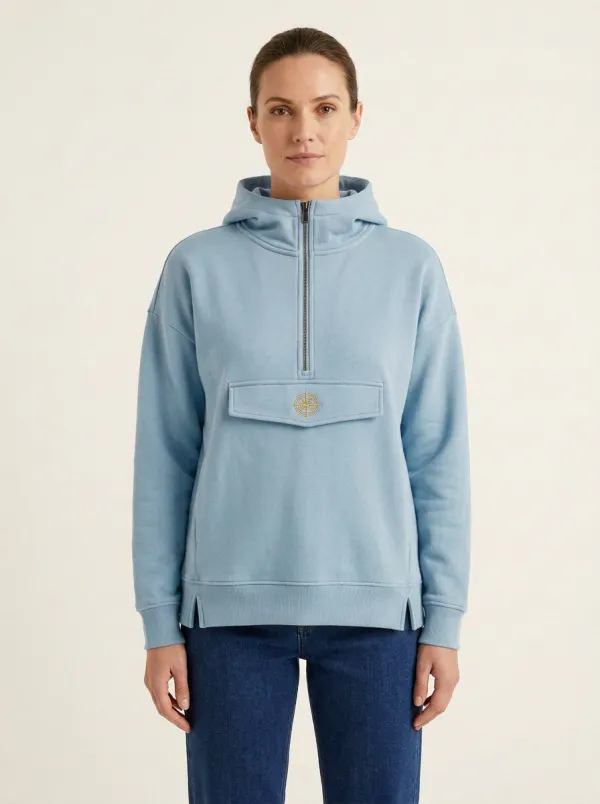 Women's Compass-Embroidered Half-Zip Flap-Pocket Hoodie