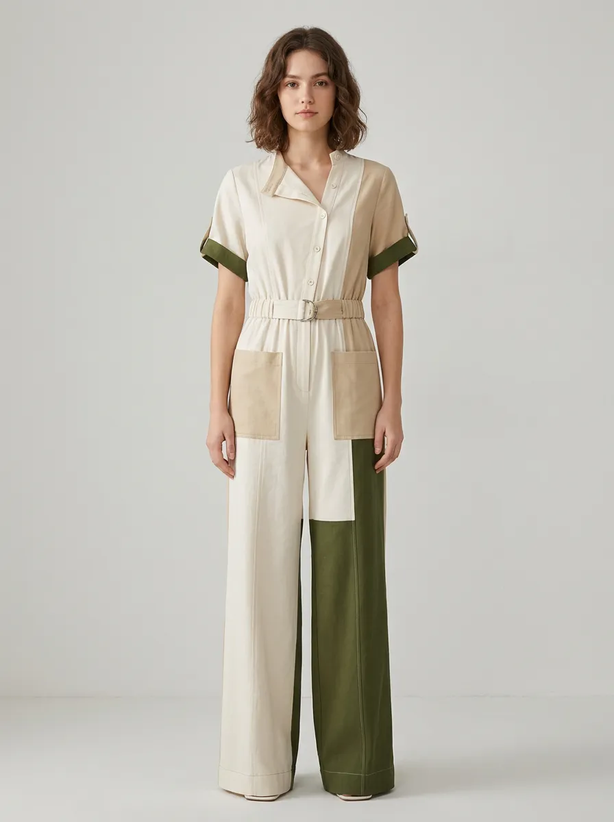 Women's Casual Minimalist Olive Beige Colorblock Belted Jumpsuit