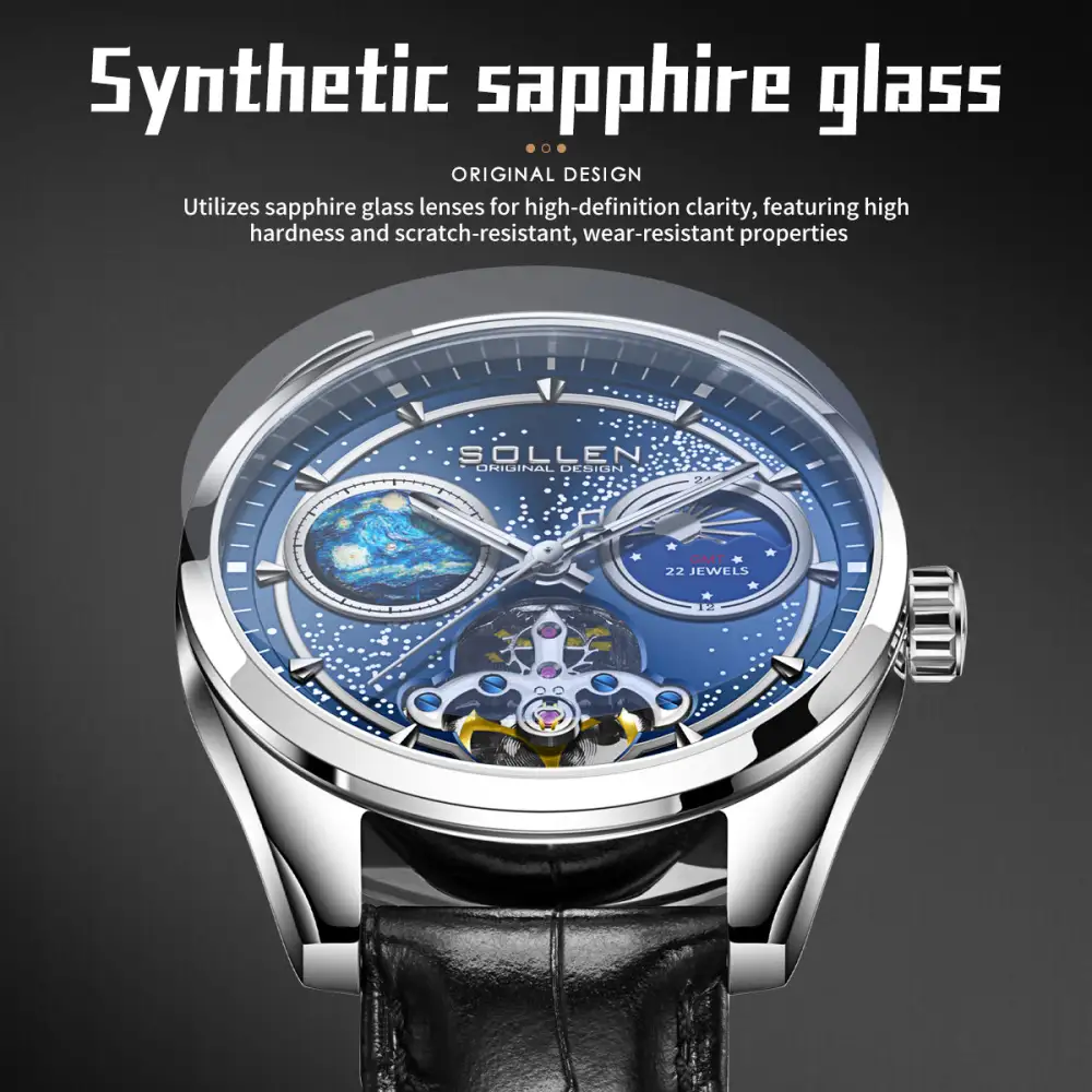 Sollen SL332 Men's Open Heart Automatic Mechanical Watch - 41mm Stainless Steel Case Sapphire Crystal Moon Phase Dual Time Leather Strap Wristwatch