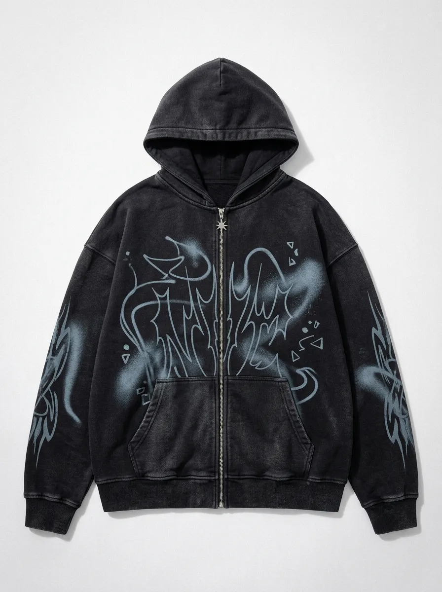 Unisex Streetwear Y2K Graffiti Airbrush Printed Zip-up Hoodie